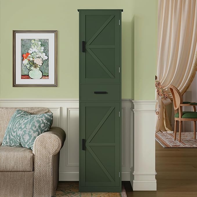 TEENFON Tall Bathroom Cabinet, Storage Cabinet with 6 Shelves & Drawer, Bathroom Storage Cabinet with Adjustable Shelves, Tall Cabinet for Living Room, Home Office, Green