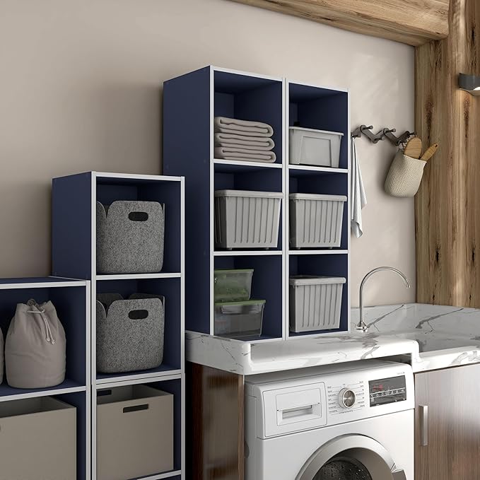 Homes: Inside + Out Apexa 3-Cube Storage Organizer Shelves, Stackable Wood Bookcase Fits Cubby Bins for Organization, Dorm Teen Room Decor & Home Office, Steel Blue