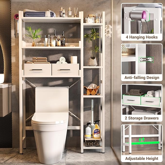 Besiost Over The Toilet Storage with 2 Drawers - 7 Tier Bathroom Organizer with Adjustable Shelf, Freestanding Space Saver Storage Rack Above Toilet Stand with 4 Hooks for Restroom, Laundry, White