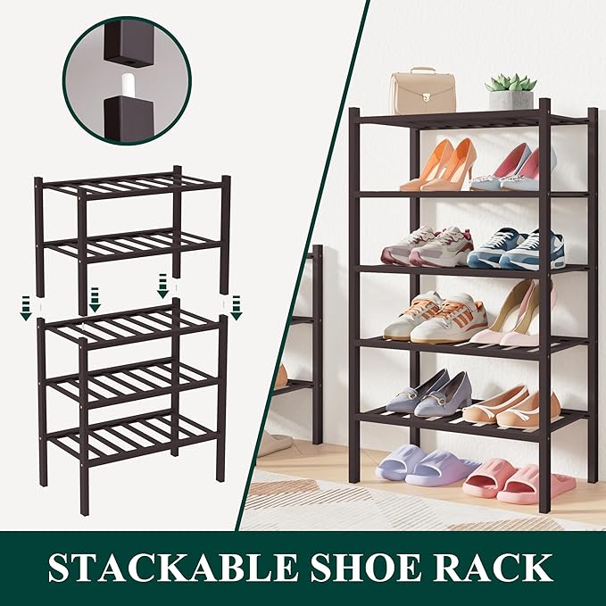 Smiry Bamboo Shoe Rack for Closet, 3 Tier Long Wooden Shoe Organizer, Stackable Wood Shoe Storage Shelf for Entryway, 14 Vertical Slats, One-piece Heavy-Duty Legs, 33.86"x11.02"x18.31", Black