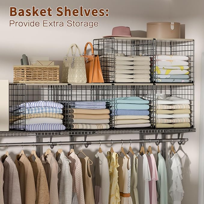 Hencawima 6 Pack Stackable Closet Organizers and Storage Basket, Closet Shelves with Wood Top, Clothes Storage Bin/Cube Organizer for Wardrobe, Space-Saving, Closet Organization, Black, Sturdy, Metal