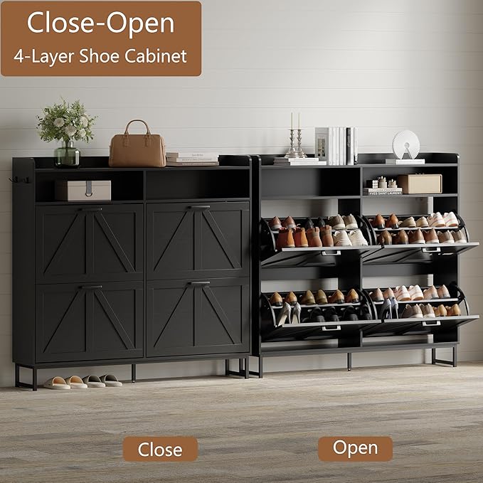 Shoe Cabinet with 4 Flip Drawers, Black