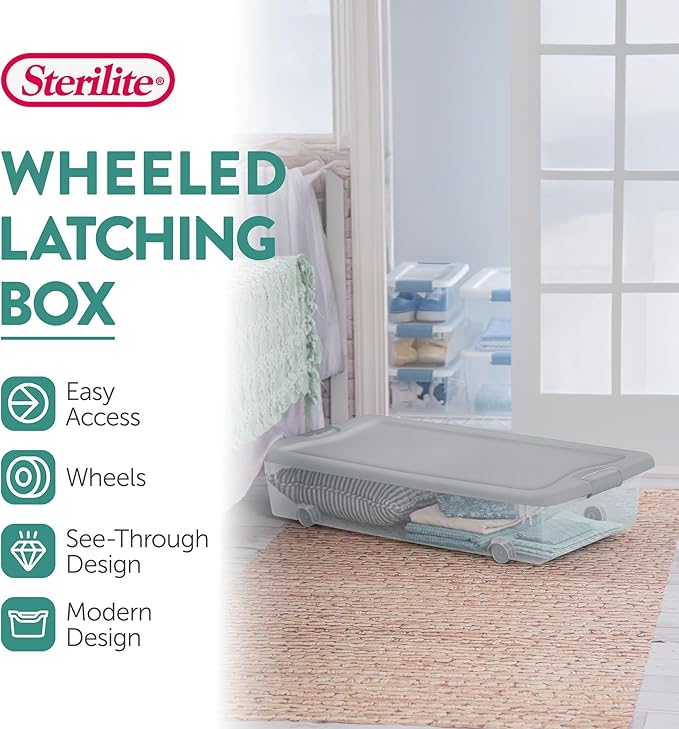 Sterilite 8 Pack Wheeled Under Bed Storage Container, 56 Qt Plastic Bin with Latching Lid for Organization - Clothes & Shoes Organizer, Silver Tint