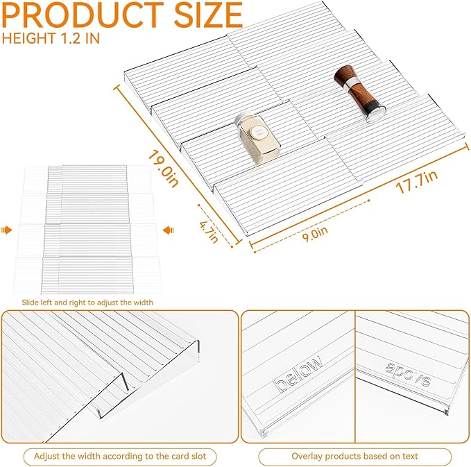 Yieach 8 Pack Adjustable Narrow In Drawer Spice Organizer - Expandable From 9'' to 17.7'' - Acrylic Drawer Seasoning Organizer,Clear Spice Drawer Insert Tray for Drawers Condiment,Jar Organization