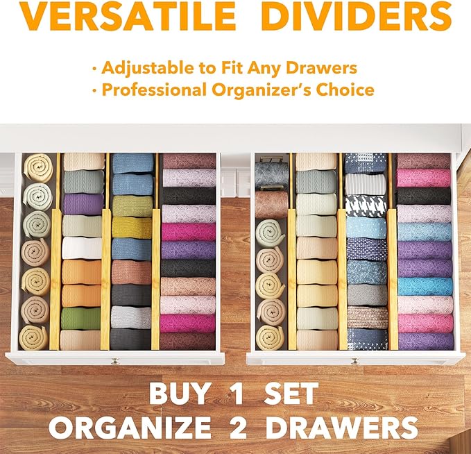SpaceAid Bamboo Dresser Drawer Dividers 6 Pack, 4.65“ High Adjustable 12.5“-17” Drawer Organizers, Expandable Organization for Clothing, Clothes, Dressers, Natural