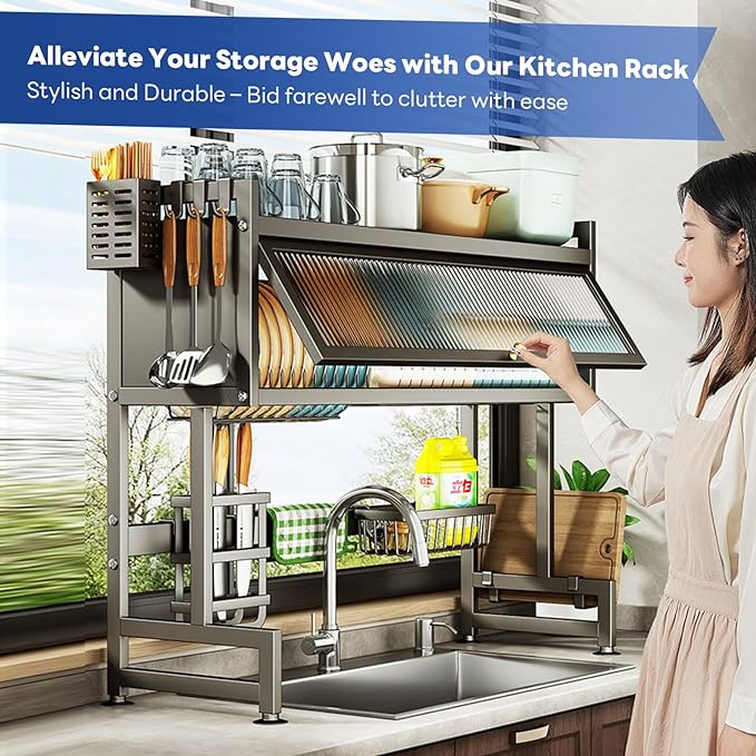 Hdrriozu Over the Sink Dish Drainer Drying Rack 3 Tier Over Sink Dish rack for a Tidy Kitchen Sink Shelf Organized Space-Saving Dish Rack with Cover for Dishes, Glasses, Bowls, and Cutlery
