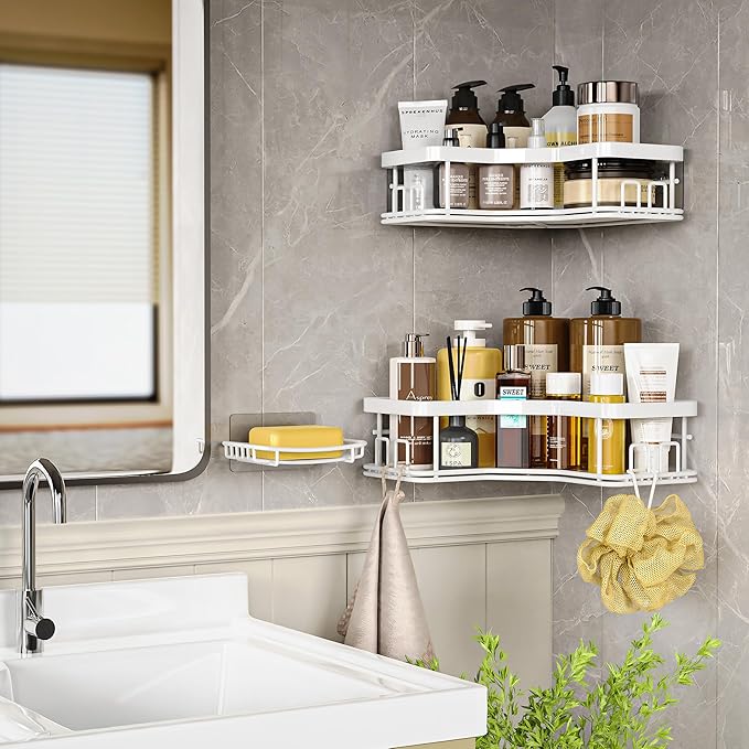 MAXIFFE 3 Pack Corner Shower Caddy with Soap Holder, Large Capacity Sturdy Easy Install No Drilling Stainless Steel Hold 40 LBS Shower Organizer Shelves Rack Storage for Family Renters Bathroom, White