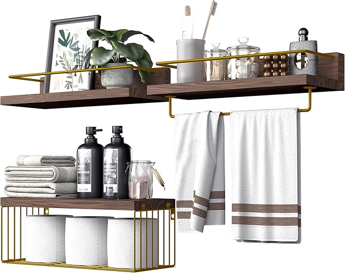PopiShelves Bathroom Shelves Over Toilet for Wall, Floating Shelves with Storage Basket Paper Holer for Kitchen Living Room, Bedroom & Classroom, Set of 3 (Brown and Gold)
