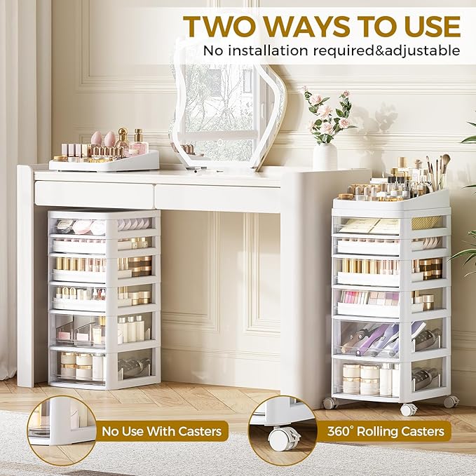Rolling Cart with 6 Drawers, Clear Plastic Drawer Organizers, Dust Proof Under Desk Storage for Makeup, Skincare, Art Crafts and Baby Items, Acrylic Cosmetic Organizer with Dividers, Vanity Cart