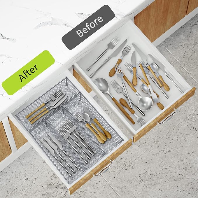Neudeco Silverware Organizer,Mesh Drawer Organizer for Kitchen，Metal Utensil Organizer for Flatware, Knives, Spoons,Cosmetic (Silver 9 * 3 * 2 inch Pack6)