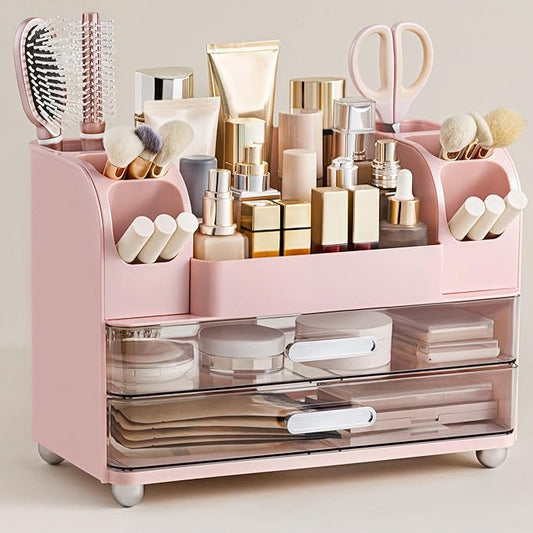 HBlife Makeup Organizer for Vanity with Brush Holder, Large Bathroom Countertop Cosmetic Organizer Skin Care Storage, Easy to Store Lipsticks, Nail Polishes, Perfumes, Eyeshadow Palettes, Pink