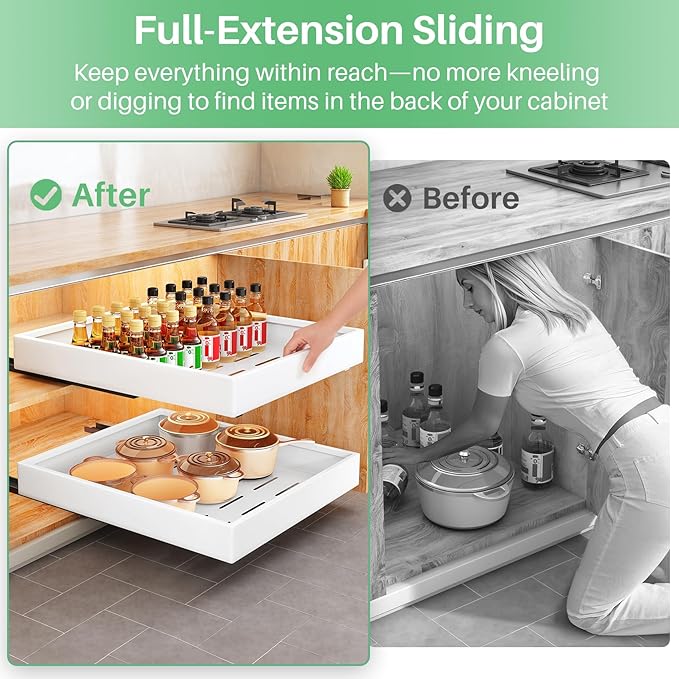 Pull out Cabinet Organizer,21"Deep, 20"Wide Heavy Duty Full-Extension Slide out Drawers Fixed with Nano Adhesive,Roll Out Shelves Sliding Cabinet for Kitchen,Bathroom,Pantry,under sink Storage(White)