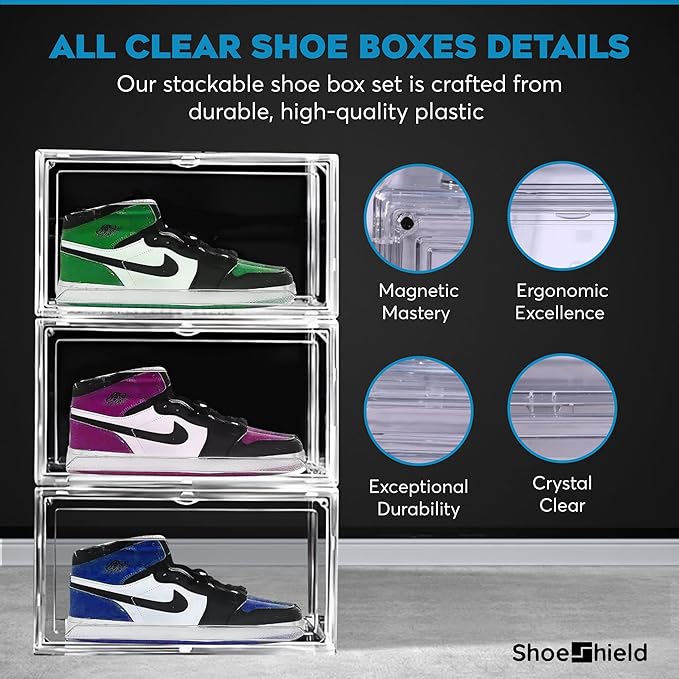 Ultra All Clear Shoe Boxes Plastic Stackable Professional Grade Shoe Display Case with Magnetic Side Drop Door Open Easy Assembly Modern Shoe Sneaker Display Case Fits US Size 14