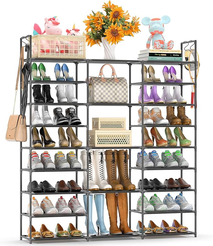 Kottwca Shoe Rack Organizer, Large Shoe Rack for Entryway Closet, Metal Shoe Shelf for Shoes and Boots, Big Non-Woven Fabric Shoe Storage Organizer with Hooks for Cloakroom, Black…