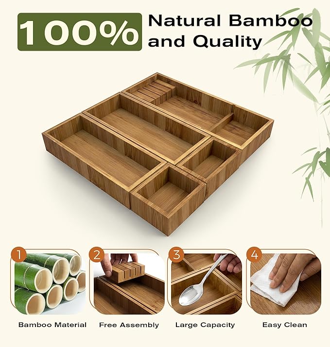 KOCWELL Bamboo Silverware Drawer Organizer with Knife Block, 5 Removable Drawer Organizer Bins - Multi-Use for Kitchen Utensils, Office, Makeup, Tools Storage