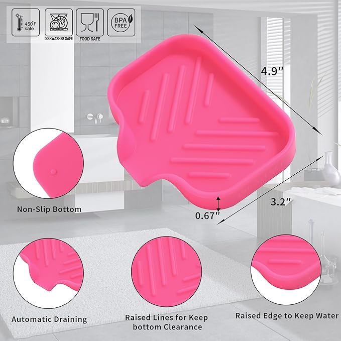 MicoYang Silicone Soap Dish with Drain Spout — Self-Draining Sink Organizer Tray for Bathroom & Kitchen, Holds Bar Soap, Sponges & Dispensers, Non-Slip & Dishwasher Safe, Rose Red (Small, 4.9"×3.2")