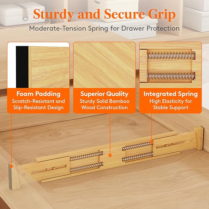 2.4" High 8 Pack Bamboo Drawer Dividers 45-55cm/17.5-22" Adjustable Wooden