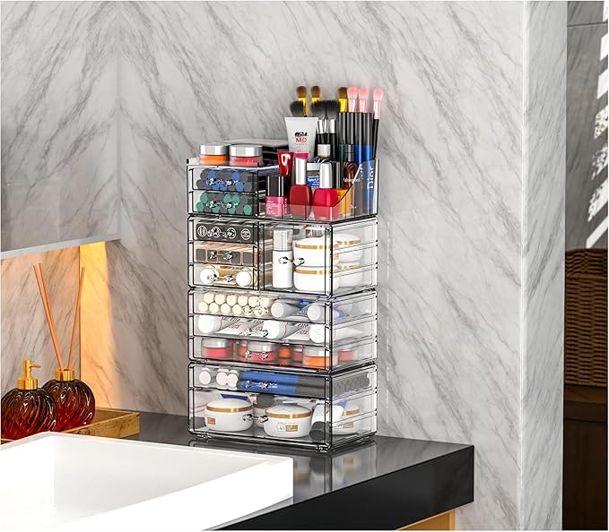 Acrylic Clear Makeup Organizer Countertop,Stackable Skincare Organizer for Vanity With 11 Drawer,Large Plastic Desk Accessories Organization,Bathroom Cosmetic Organizer Countertop for Beauty,Skin Care