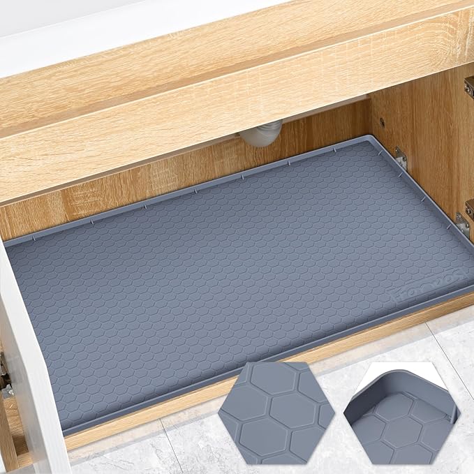 Waterproof Under Sink Mat 28" x 19", Silicone Cabinet Liner, Rubber Protector for Kitchen and Bathroom, Keeps Cabinets Clean, Dry, and Organized (Grey)