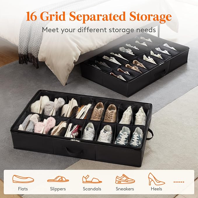 Lifewit Under Bed Shoe Storage Organizer 1 Pack(16 Shoes Cells), 4.3 Inches Profile Fabric Shoes Container Box with Clear Cover, Foldable Storage Bag with 2 Handles, Fits 8 to 16 Pairs