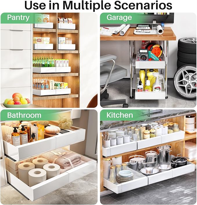 Pull out Cabinet Organizer, Wider Expandable(14"-24") Heavy Duty Slide out Drawers Fixed with Adhesive Nano Film for Pots, Roll out Shelf Storage for Kitchen Cabinet Organization(White-1pc)(3 Rails)