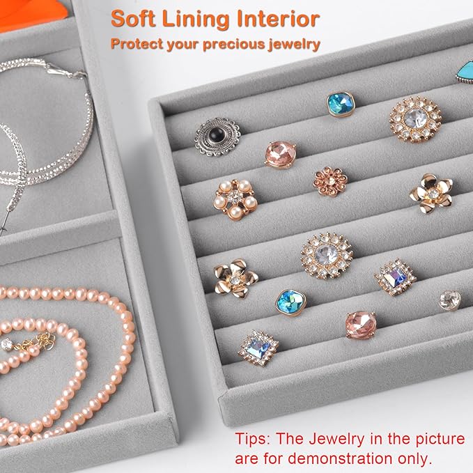 Set of 8 Velvet Jewelry Drawer Organizer Inserts, Stackable Trays with Removable Dividers, Earring and Ring Holder Display for Dresser, Storage Case for Necklace Bracelet Watch - Grey