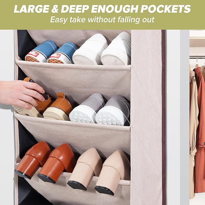 2 Pack Shoe Organizer with 6 Extra Large Pockets and 4 Large Pocket, Over the Door Sturdy Closet Storage Rack, Hanging Shoe Organizer for Shoes, Sneakers, Beige