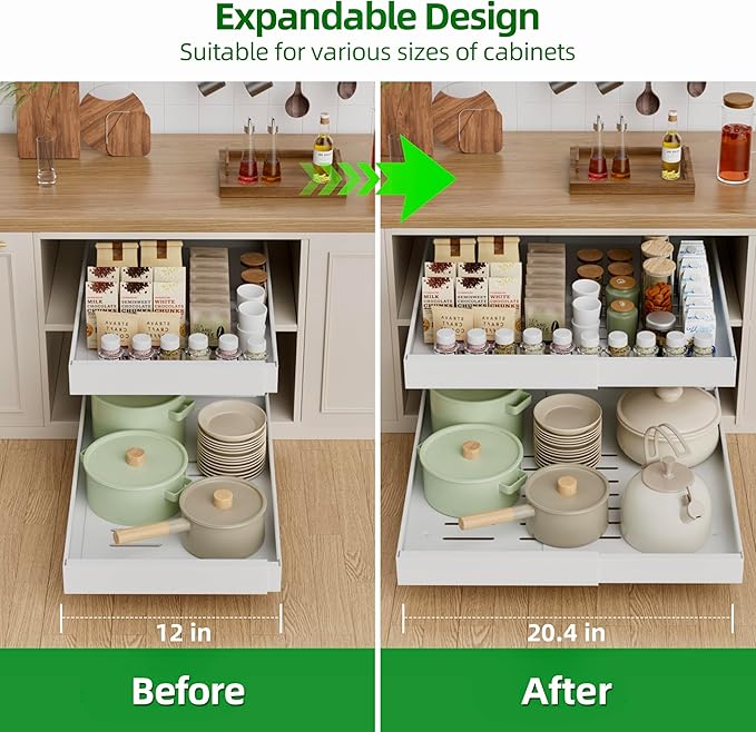 PAKETA 4 Pack Expandable Pull Out Cabinet Organizer, 21'' Deep Pull Out Drawers for Cabinets,Upgrade 3 Slide Rails Sliding Drawer for Kitchen Cabinet Organizer with Adhesive Nano Film (White)