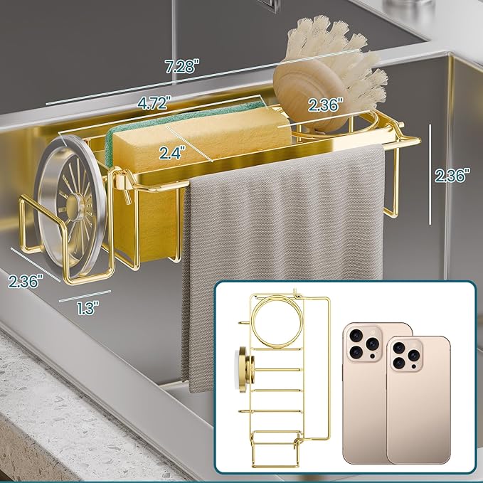 Sponge Holder with Strong Suction Cup, Stoppers & Scrapers -Gold