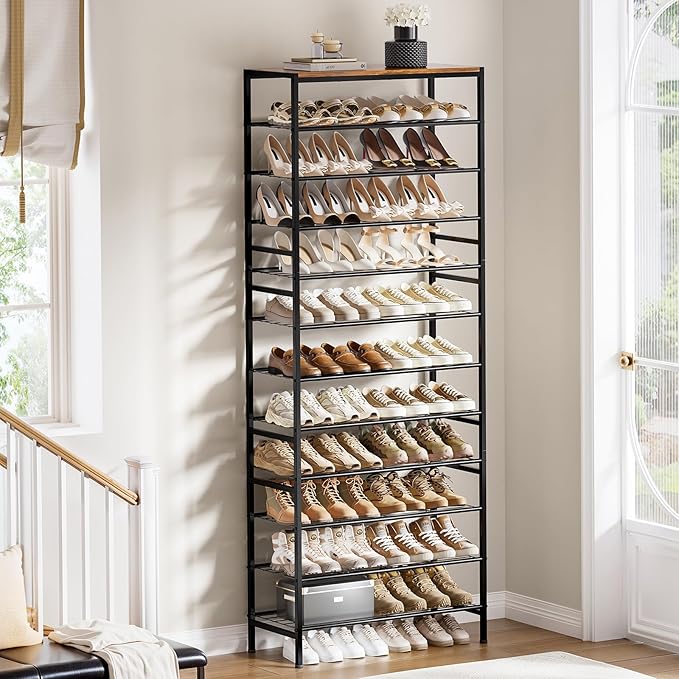 12-Tier Tall Shoe Rack Organizer Shoe Storage for Entryway 40-48 Pairs Metal Shoe Rack for Closet Heavy-Duty Shoe Rack with Wooden Top Shelf for Garage Rustic Brown