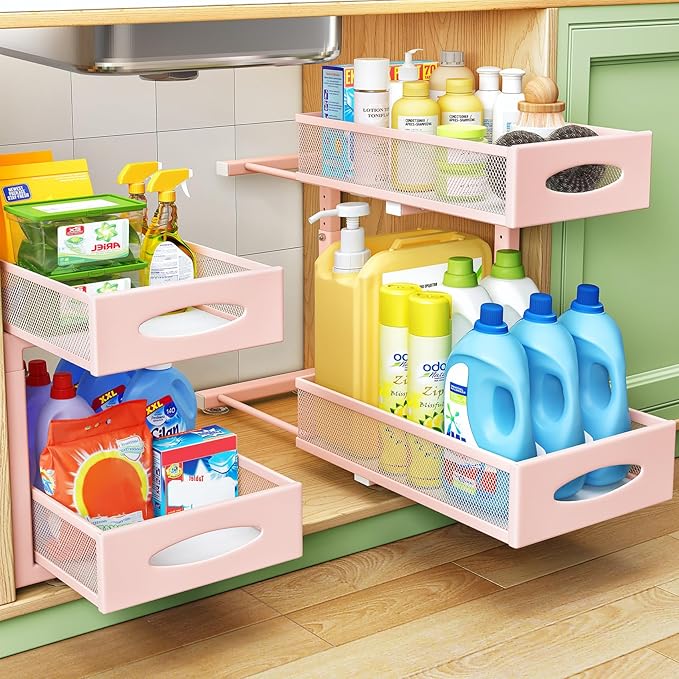 2 Pack Under Sink Organizer, 2 Tier Pull out Cabinet Organizer Mesh Baskets with 5 Adjustable Heights, Sliding Drawers Storage Shelf for Home, Kitchen, Bathroom, Pantry, Office, Countertop ,Pink