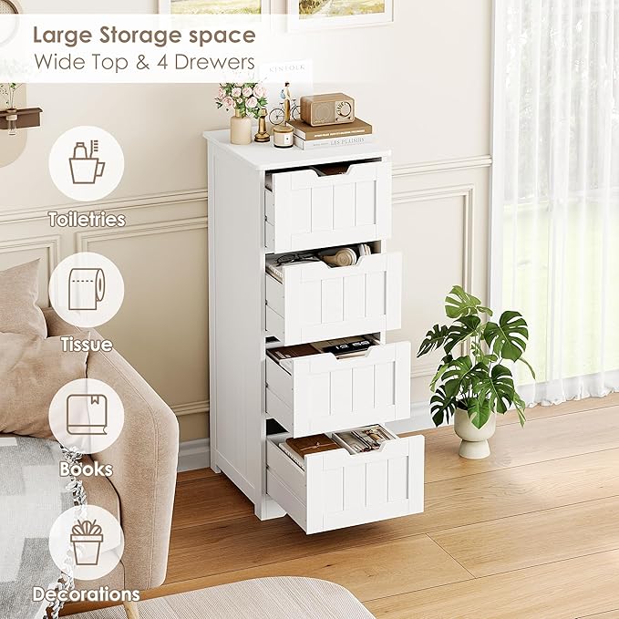 FOTOSOK Bathroom Storage Cabinet, Set of 2, Bathroom Cabinet with 4 Drawers, 11.8” x 11.8” x 32.5” Freestanding Entryway Cupboard Storage Organizer Unit Home Furniture Decor, White