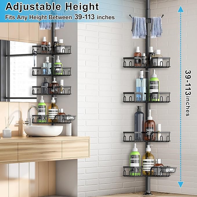 Corner Shower Caddy Tension Pole 4 Tier Adjustable Stainless Steel Shower Shelf for Inside Shower Bathtub Shampoo,Standing Bathroom Organizer Shelves with 39 to 113 inch Height