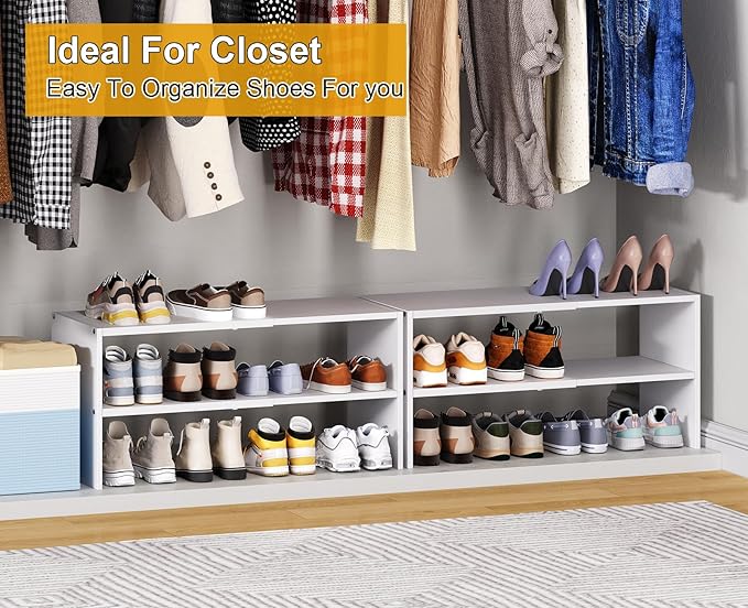 White Shoe Rack Organizer for Closet, 2-Tier Expandable Shoe Shelf, Stackable Iron Wood Combination Small Shoe Racks Shelves for Closets, Entryway,Small Space,Hallway,Bedroom,Bathroom,6-12 Pairs