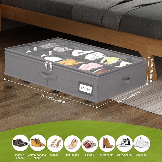 Under Bed Shoe Storage with Wheels, Fits 24 Pairs, Grey