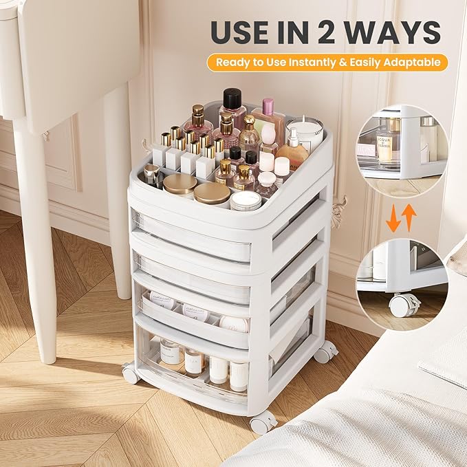 Rolling Cart with 4 Drawers, Clear Plastic Drawer Organizers