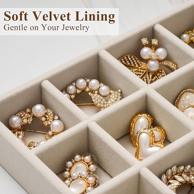 Velvet Jewelry Drawer Organizer Trays – Large Beige Stackable Jewelry Storage Inserts Set, 4-Layer Jewelry Tray Set for Earrings, Rings, Necklaces, Bracelets with Removable Dividers for Dresser,Vanity