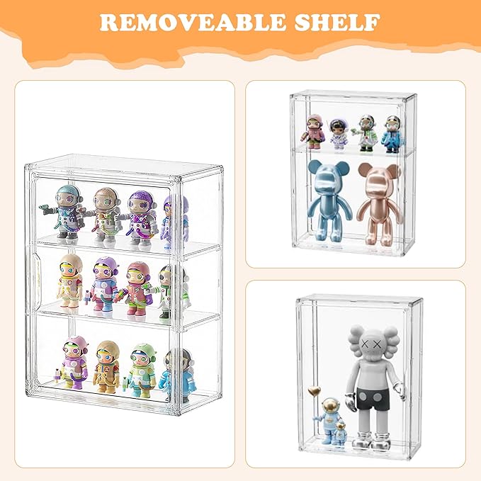 Clear Acrylic Display Case for Figures&Collectibles,3 Tier Lego Labubu Toy Box, Desktop or Storage Bin with 2 Removable Shelves,Figurine Display Shelf,Stackable Display Cabinet for Collectibles-1 Pack