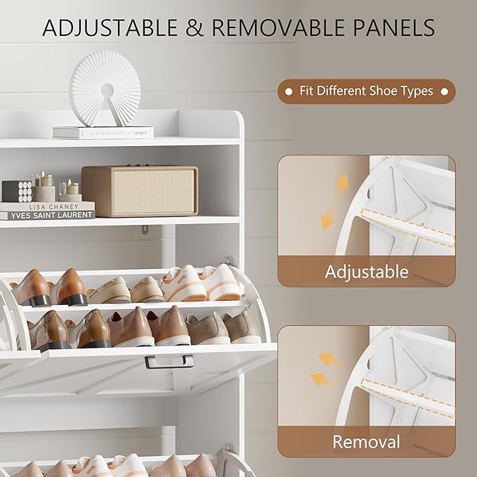 Shoe Cabinet with 4 Flip Drawers, Freestanding Hidden Shoe Storage Organizer for Entryway, Narrow Slim Shoe Rack Cabinet with Open Storage & Hooks for Front Door Entrance, Living Room, Hallway, White