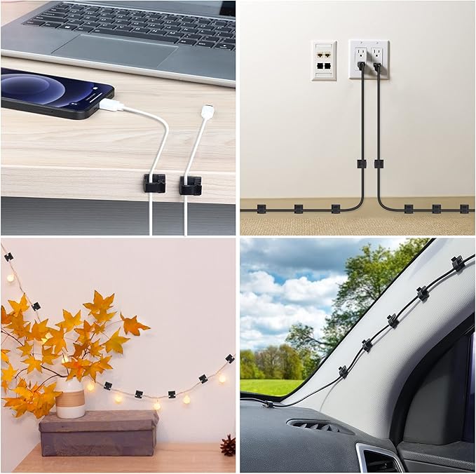 100 PCS Cable Clips, Upgraded Adhesive Cord Clips for Wires on Wall, Strong Wire Clips Holders for Cord Cable Management, Ethernet Cable, USB, Phone Charger, Cat 6, Car Dash Cam (Small, Black)