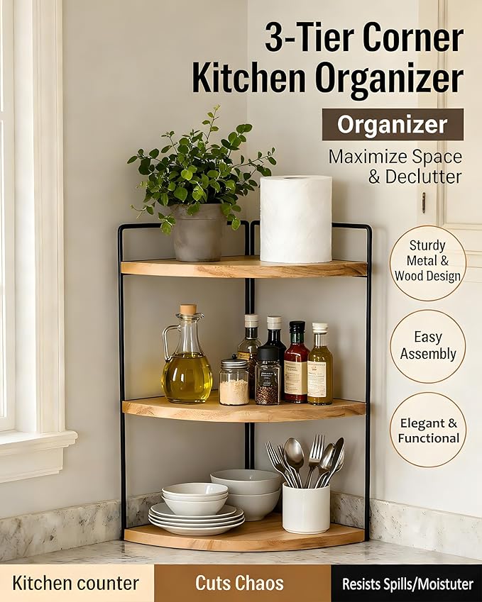3-Tier Corner Bathroom Countertop Organizer, Solid Pine Wood Vanity Corner Shelf for Skincare & Makeup, Waterproof Standing Rack for Bathroom, Kitchen & Dresser, Large 15.7" H, Natural Wood