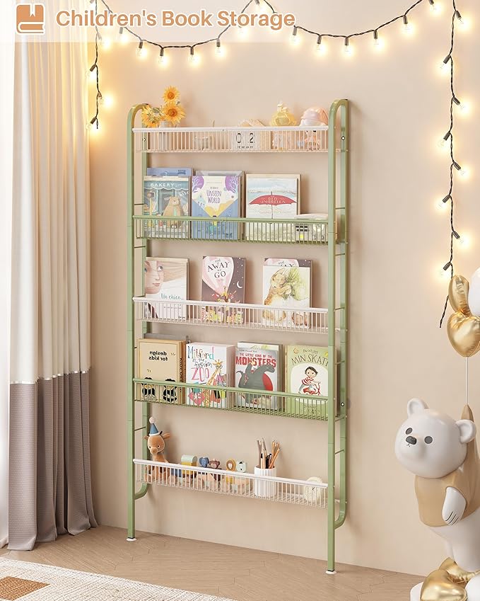 UMDONX Behind The Door Bathroom Shelf Narrow 5-Tier, Space-Saving Slim Storage Shelf Narrow Shelving Unit for Bathroom and Kitchen White+Green
