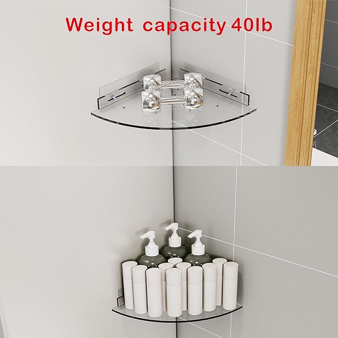 Acrylic Corner Shower Caddy Shelf 2 Pack - Wall Mounted Bathroom Shelves for Glass/Tile/Smooth Walls, Space Saving Storage Organizer for Shower, Kitchen, Bedroom & Toilet Corner