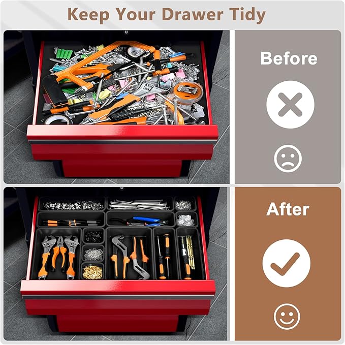 【More Larger Size】A-LUGEI【69 PCS-5 Size】 Tool Box Organizer Tray Divider Set【Black】 Desk Drawer Organizer Bin, Socket Organization and Storage Toolbox for Rolling Tool Chest Cart WorkBench Part Widget