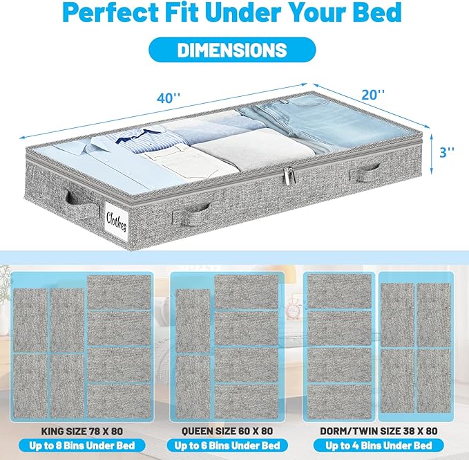 3 Inch Low Profile Under Bed Storage Drawer 4 Pack, Lightweight Underbed Clothes Storage Container Bins With NO STURCTURE, Shallow Storage Bag for Dorm & Home, With Clear Lids & Water-Resistant Fabric