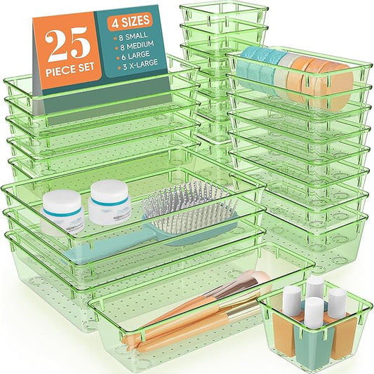 25 PCS Plastic Drawer Organizer Set, Clear Green