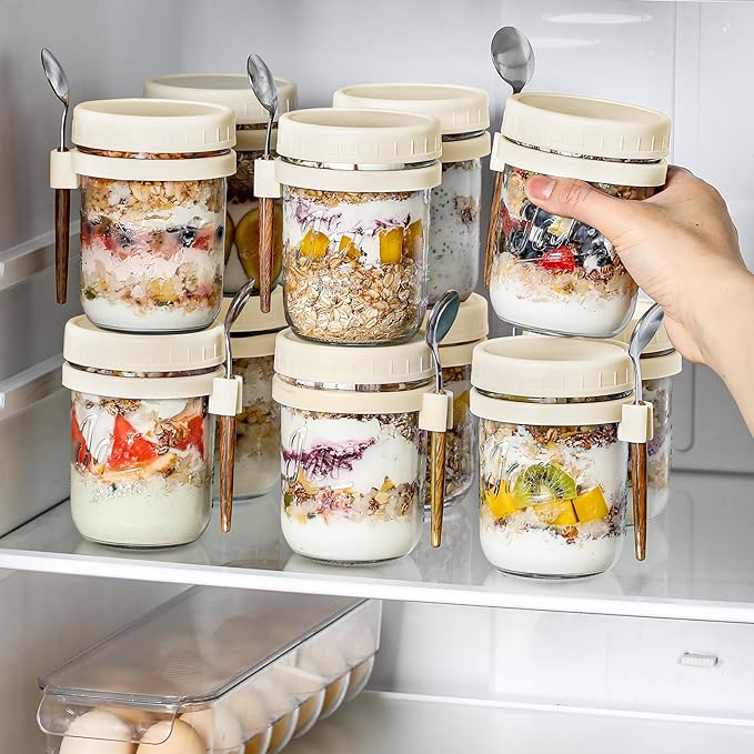 4 Pack Overnight Oats Containers with Lids and Spoons, Fruit-Beige