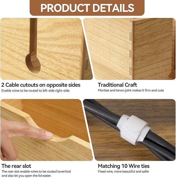 KIRIGEN Wooden Cable Management Box Set of 2 - Solid Wood Large & Small Cord Organizer Hides Power Strips, Chargers & Wires for Desk, TV Stand, Home Office DXH2T-NA