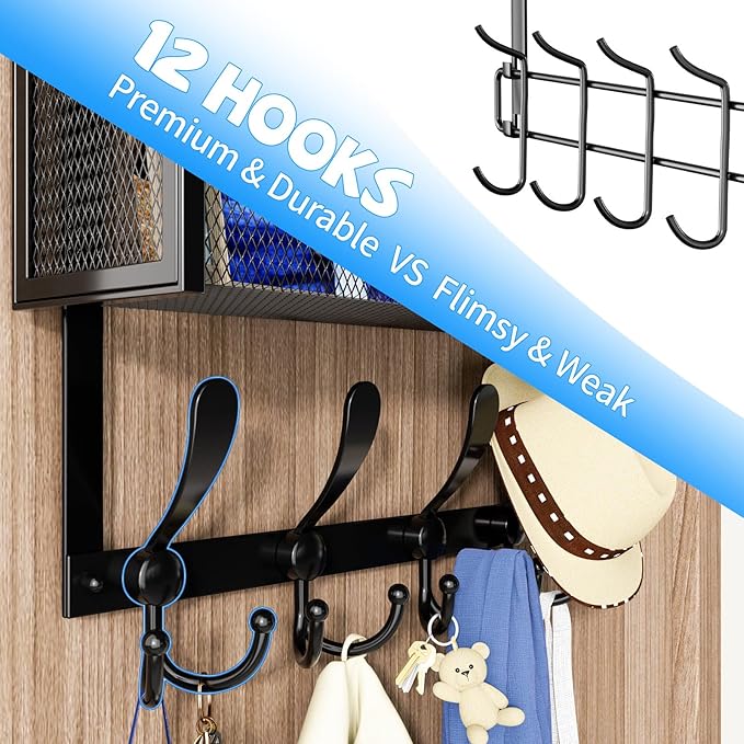 Over The Door Hooks Organizer, Black, 3-Tier