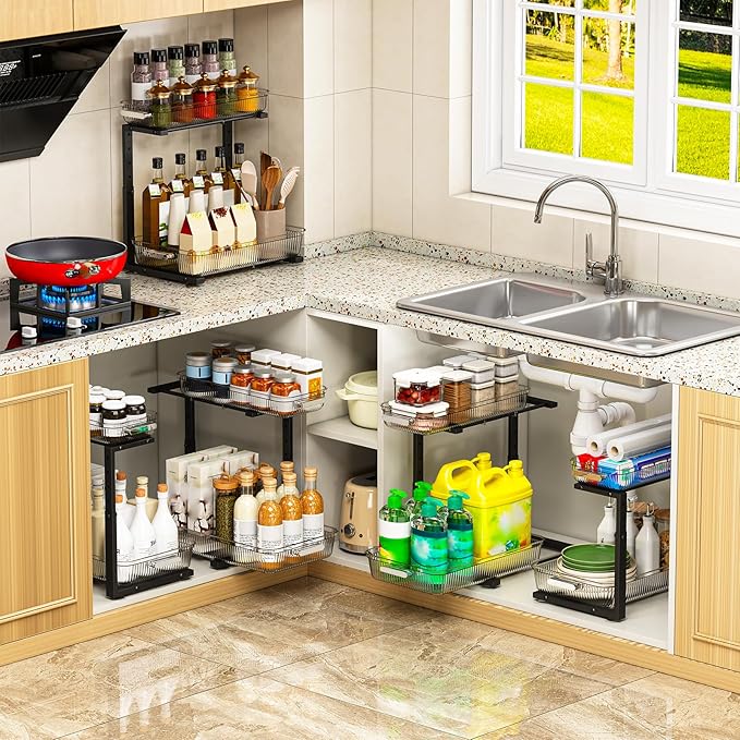 2 Pack Double Sliding Under Sink Organizers and Storage